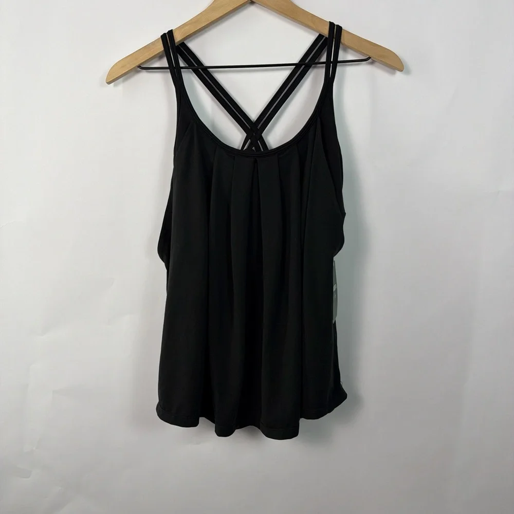 Halara Built In Bra Tank M Black Crisscross Back Flowy Draped Top NWT - Picture 3 of 12